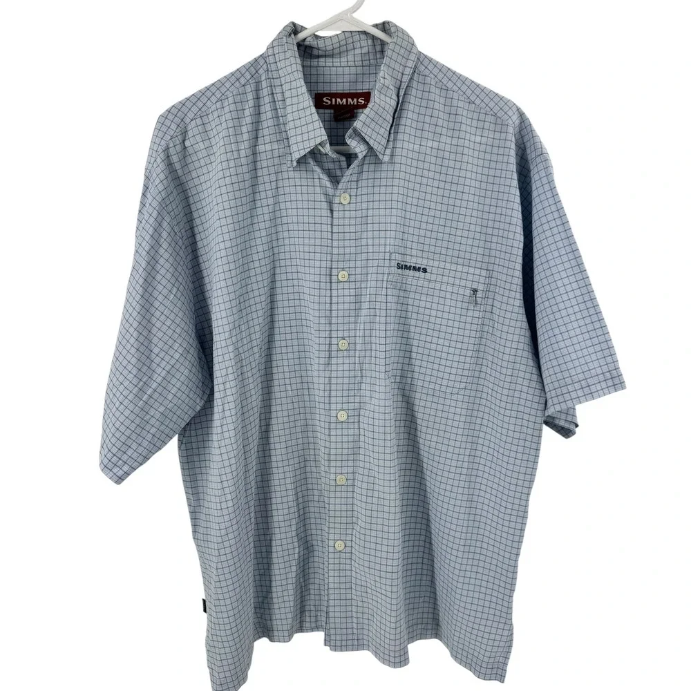 Simms Mens XL‎ Blue Plaid Short Sleeve Button Down Fishing Shirt Micro Check